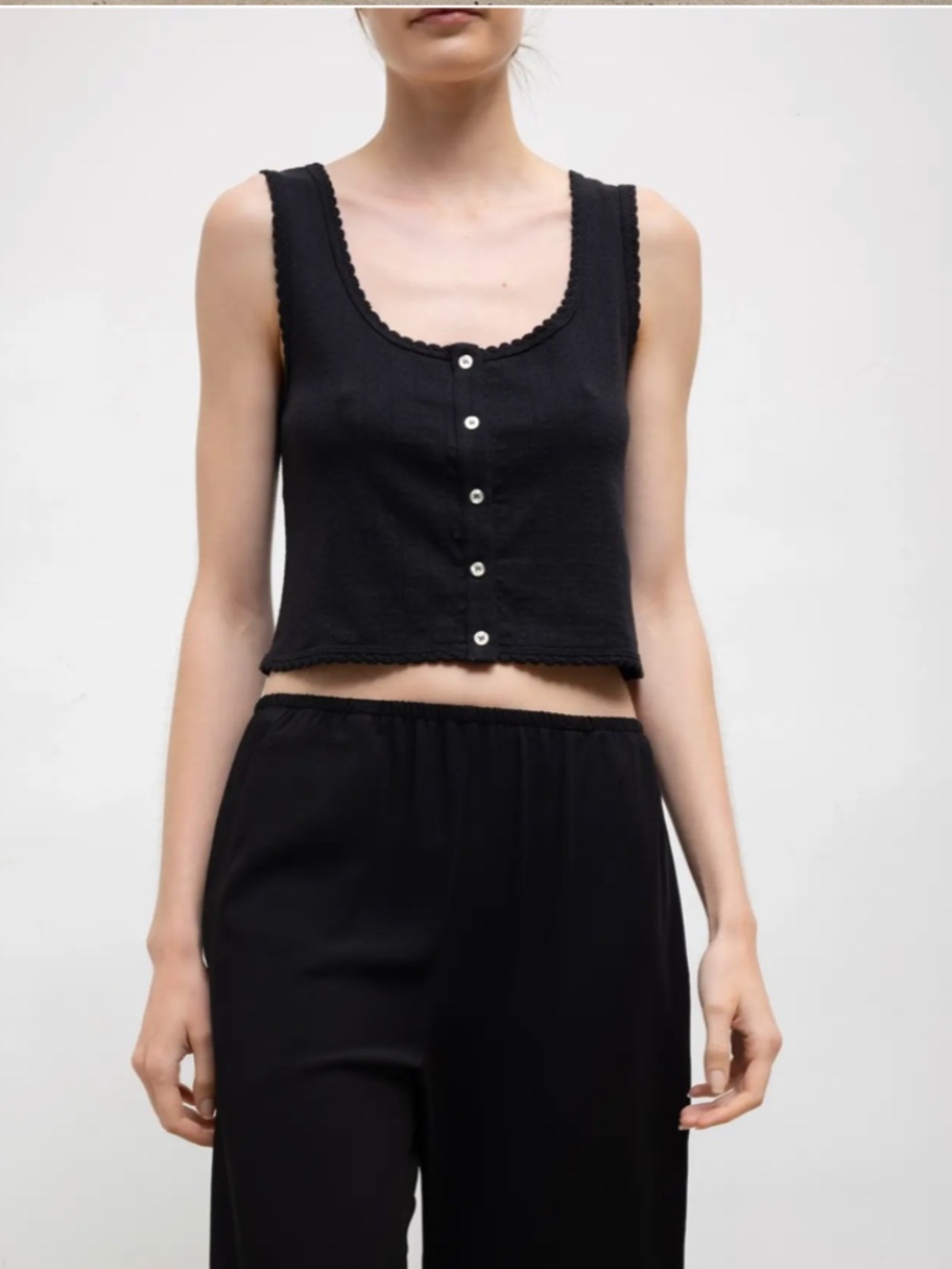 Leset Black Pointelle Button Down Tank